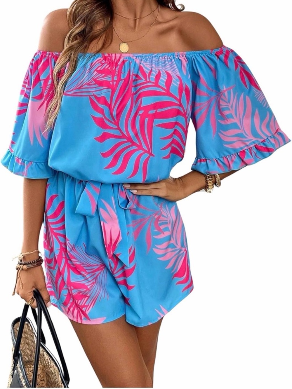 Off-Shoulder Paisley Romper in Cream & Teal